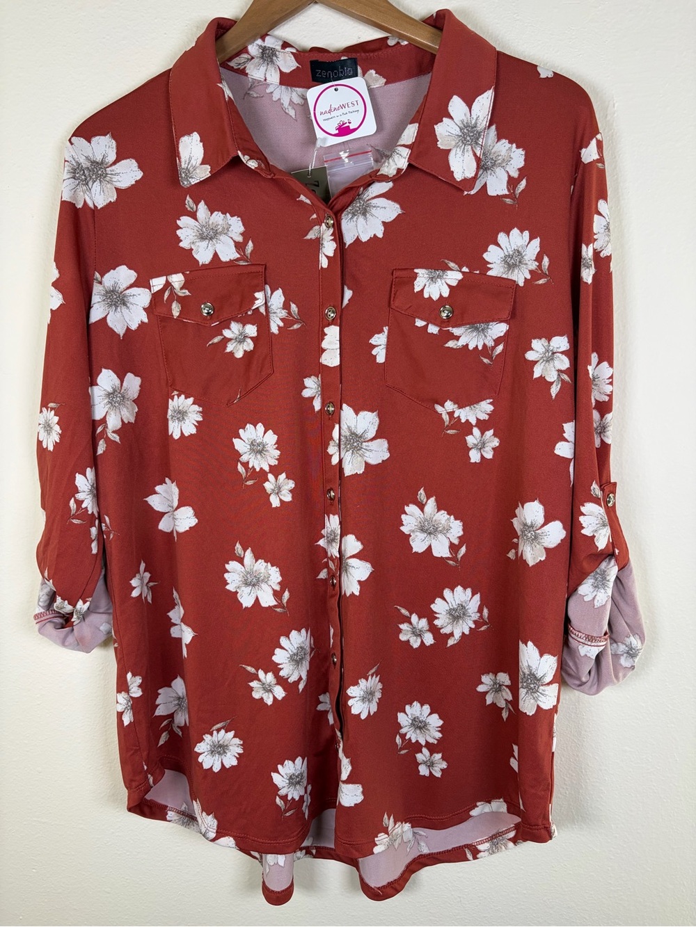 Zenobia 3XL Rust Floral Button Up Tunic Blouse Roll Tab Sleeve NWT
